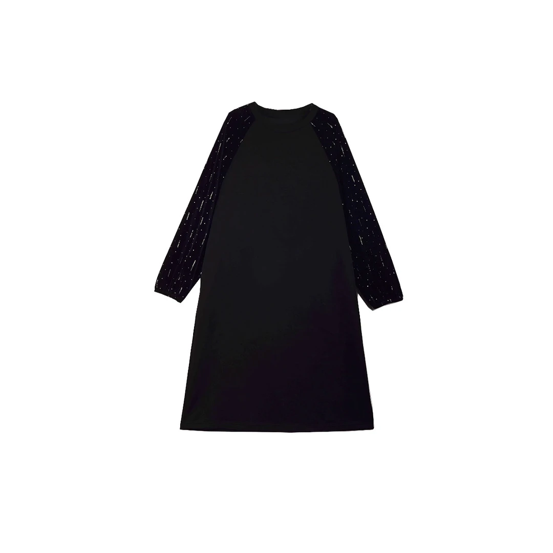 大码女装长袖裙子连衣裙气质针织时尚黑色圆领优雅（FT009）