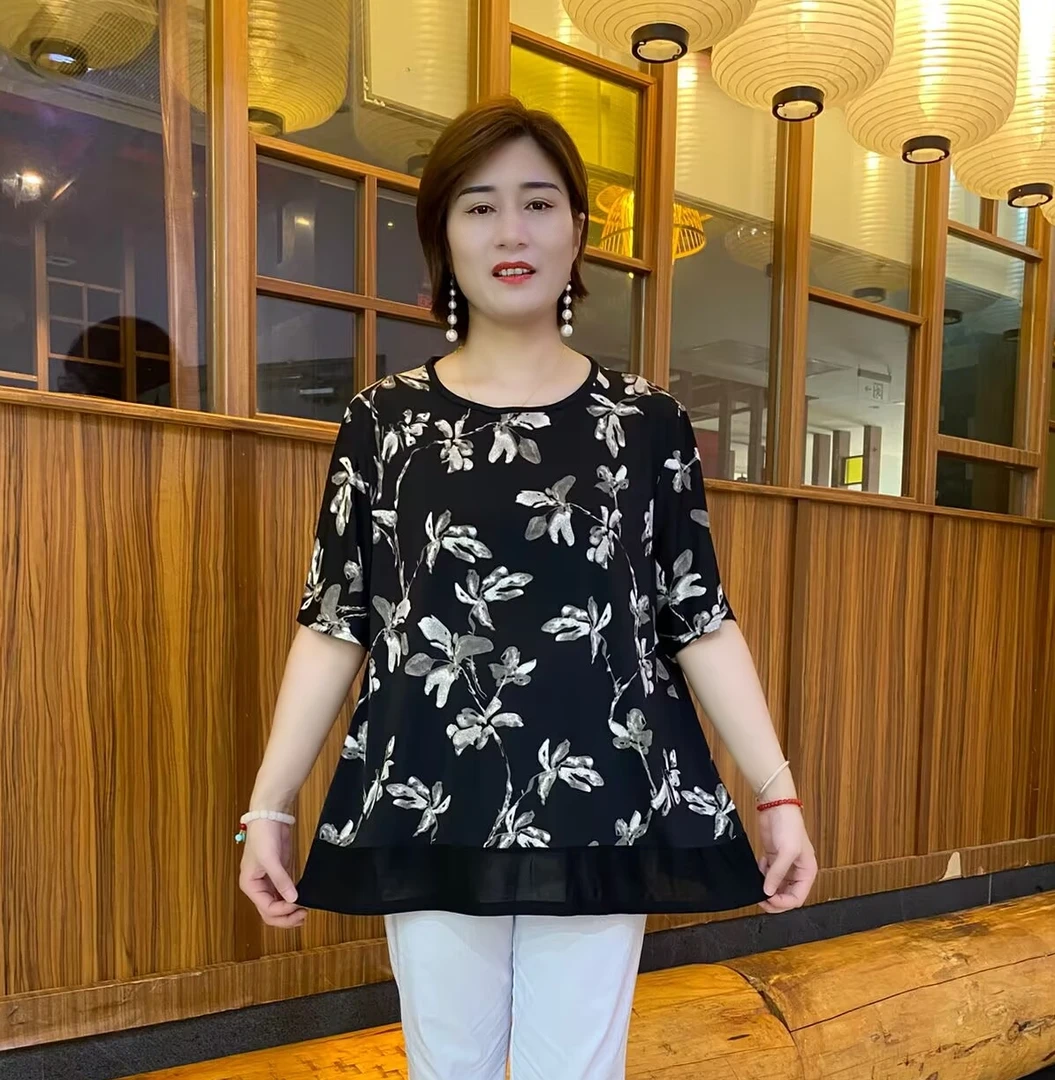 夏季新款圆领法式薄款中老年女装百搭中袖休闲遮肚t恤