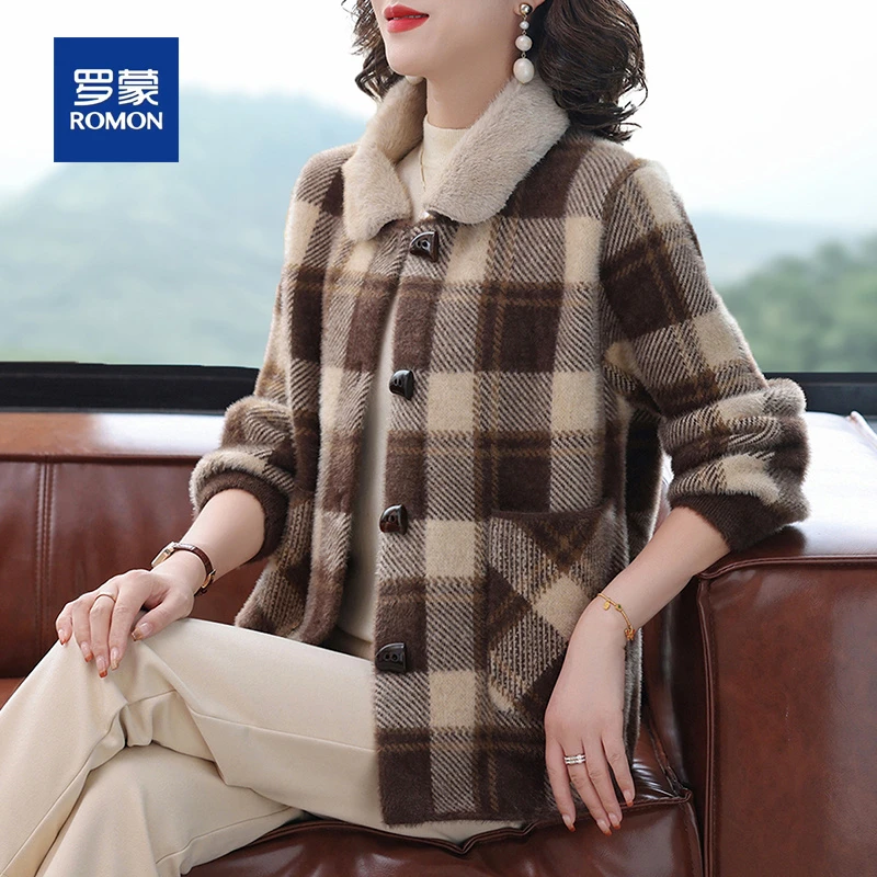 罗蒙年轻妈妈秋冬装格子毛呢外套新款高档中年女士贵夫人开衫上衣