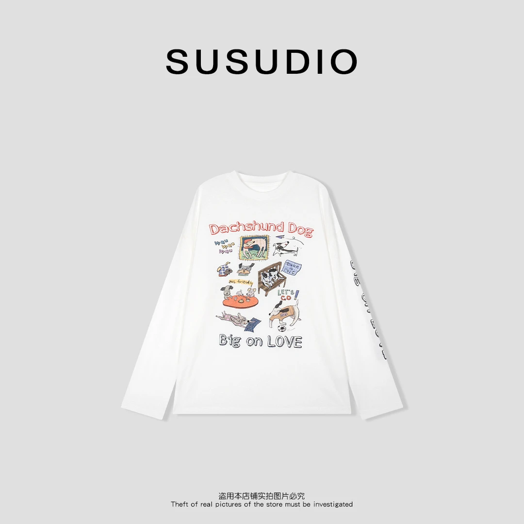 SUSUDIO 春夏宽松百搭慵懒涂鸦小狗T恤10188