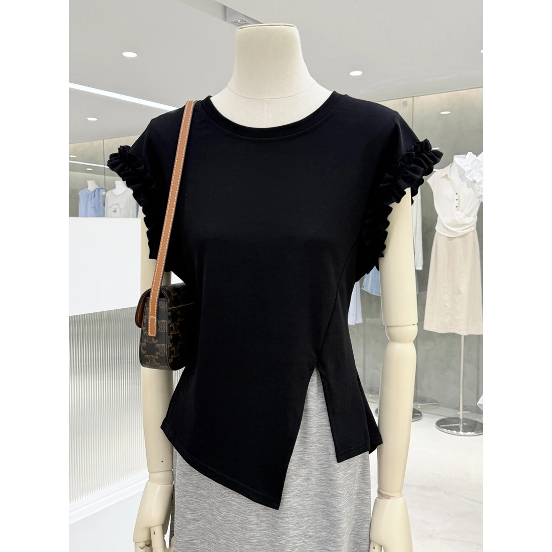 气质甜美花边短袖上衣2025夏季新款不规则设计纯欲绑带露腰女人衫