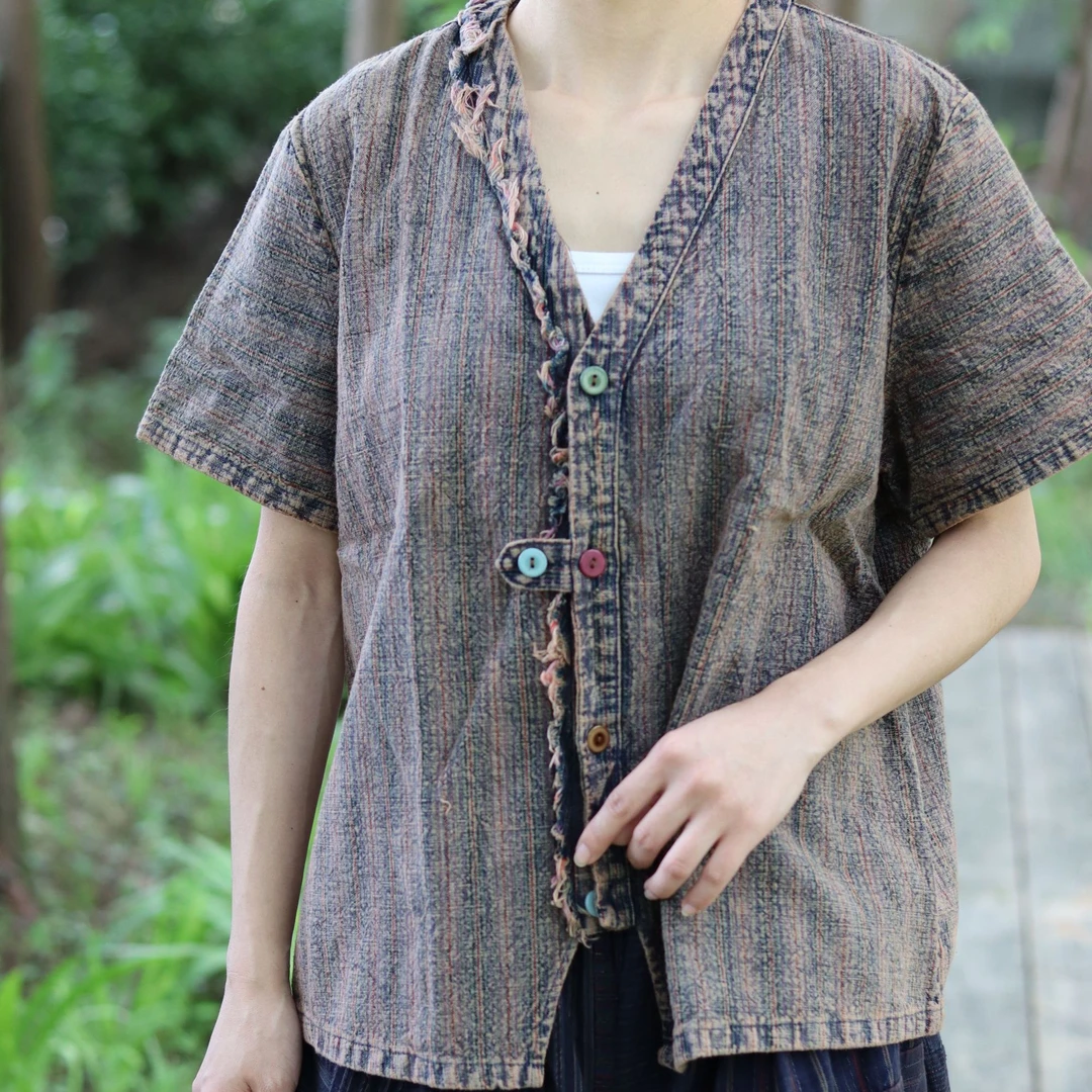 桑在云间至心V领土布上衣