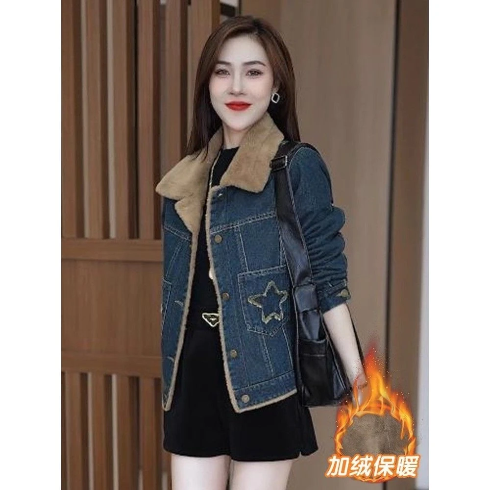 加绒加厚牛仔短款外套女士2025秋冬季新款时尚棉服小个子毛领上衣