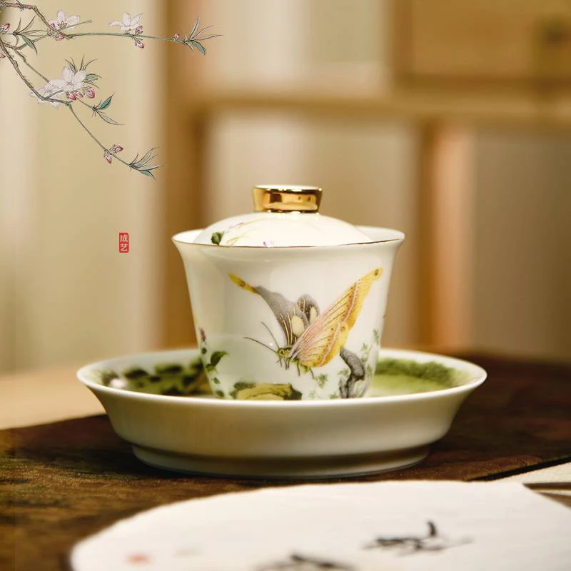 蝶恋花迷你三才盖碗中式陶瓷茶具家用泡茶器手工高档简约复古白瓷