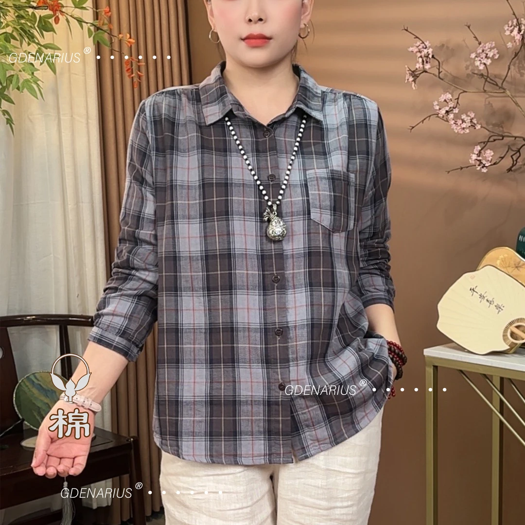 纯棉田格纹方领长袖衬衫舒适好穿易打理宽松显瘦百搭上衣22263