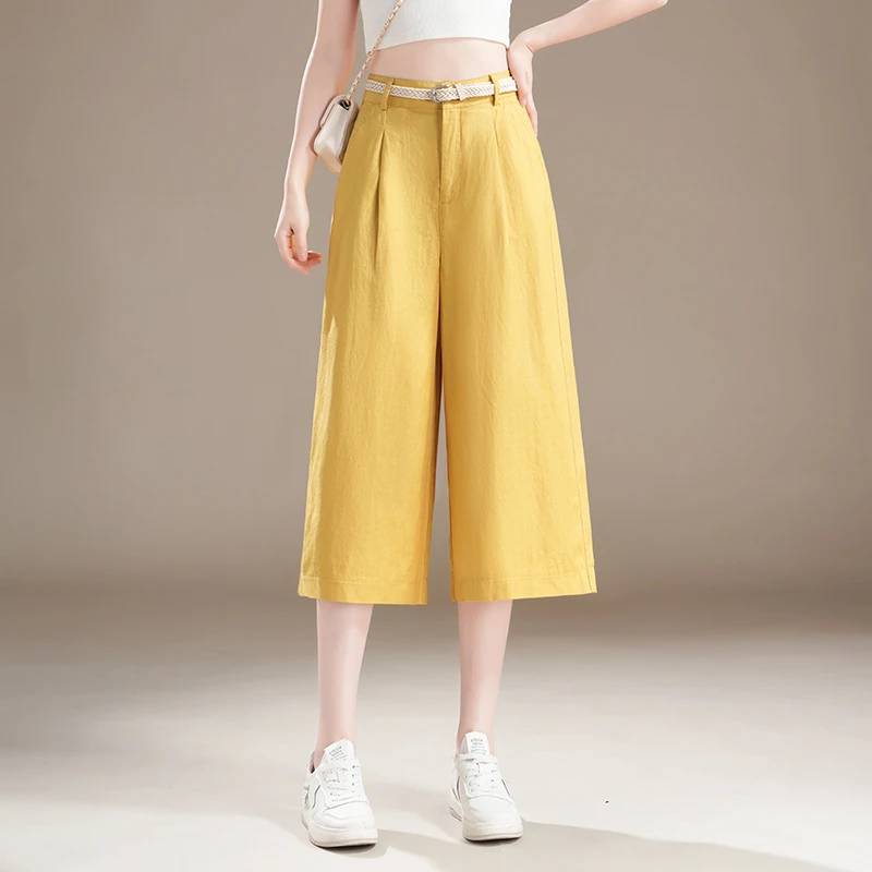 正品哥l第高腰冰丝休闲裤女25夏季宽松显瘦七分裤百搭亚麻阔腿裤l