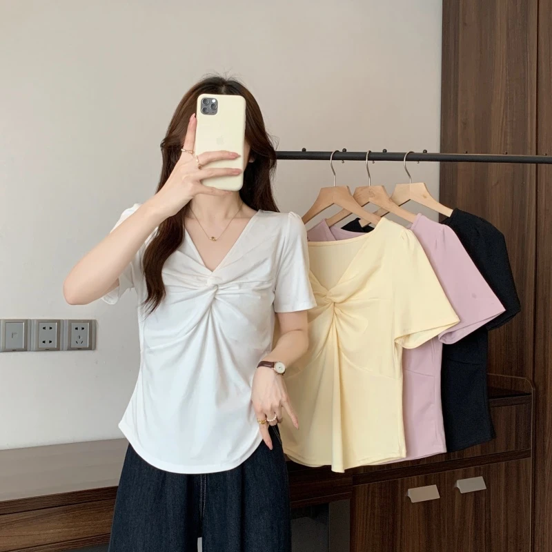 大码女装2025夏季新款胖妹妹设计感褶皱短袖T恤上衣1872