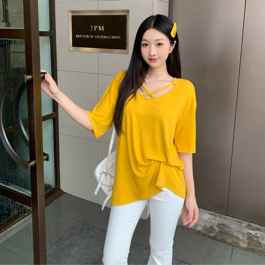 正肩v领t恤女微胖宽松遮肉显瘦慵懒风交叉纯欲半袖上衣女