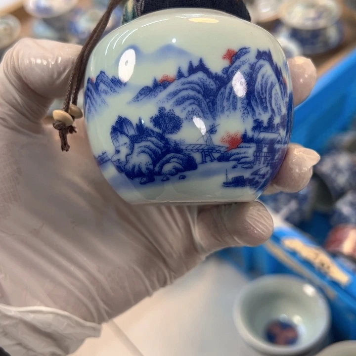 瓷片白青花富春山居图茶叶罐纹