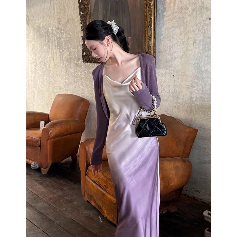 法式缎面吊带洋装女春夏高级感小众两件套紫色高腰显瘦气质长裙