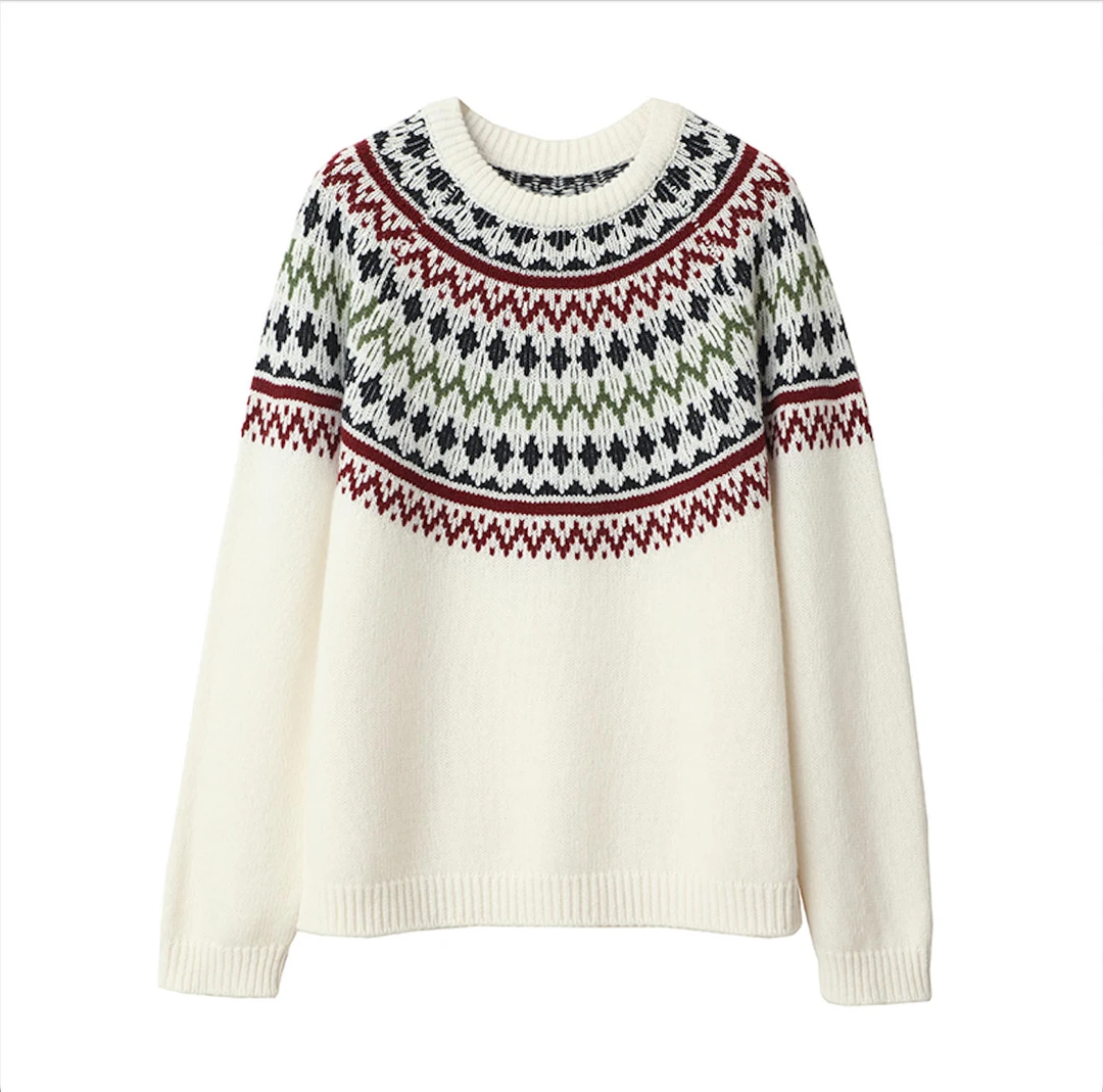 大眼刘lia】100羊毛圆领费尔岛厚款百搭气质套头毛衣套头