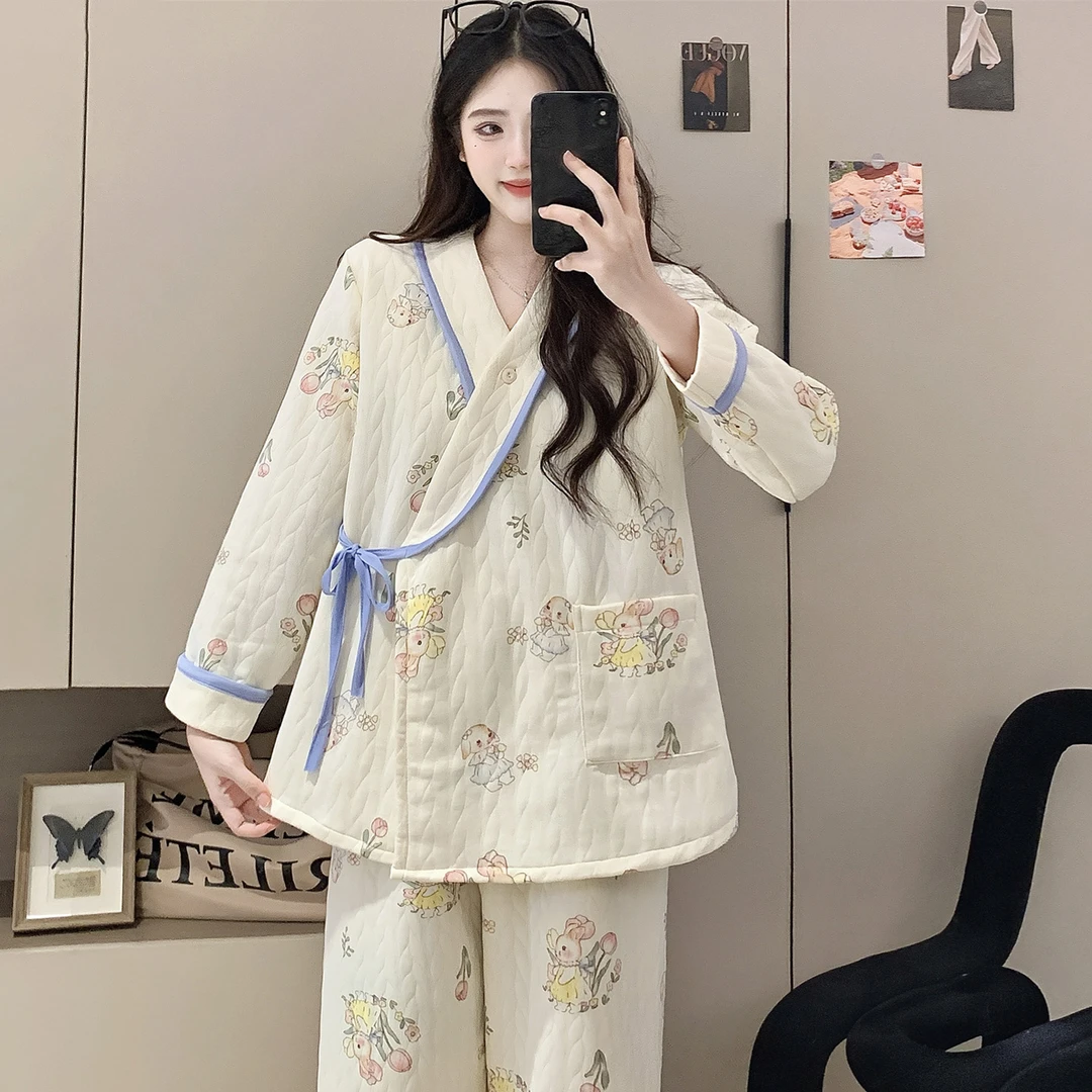 大码空气棉月子和服秋冬款孕妇睡衣加厚待产妇产后哺乳家居服套装