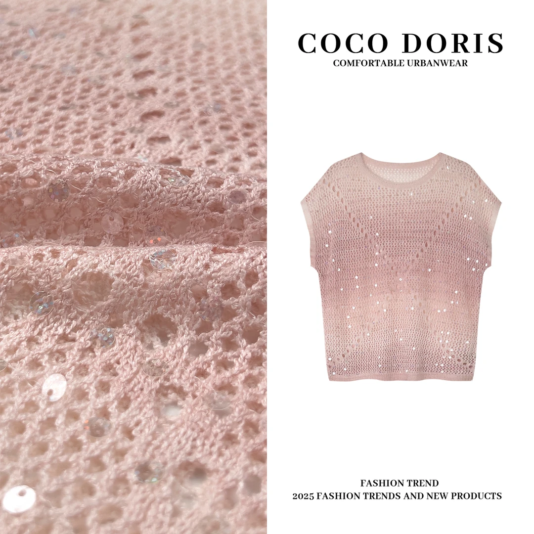 COCO DORIS 春夏新款珠片纱渐变针织短袖通勤休闲百搭上衣3008