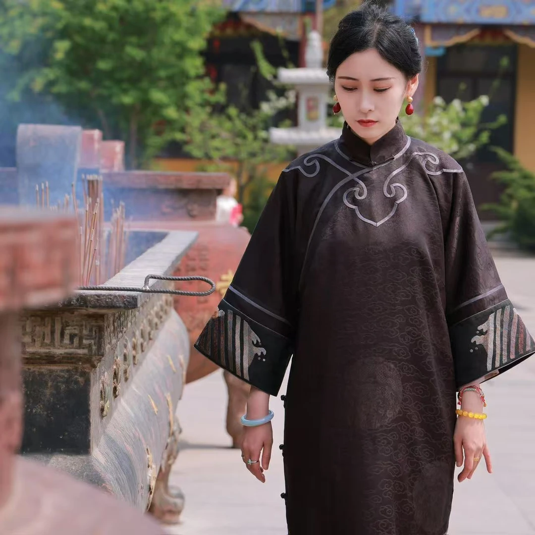 蘇夢【沉香】香云纱立领斜襟海水袖口手绣大袍实穿百搭休闲0101563