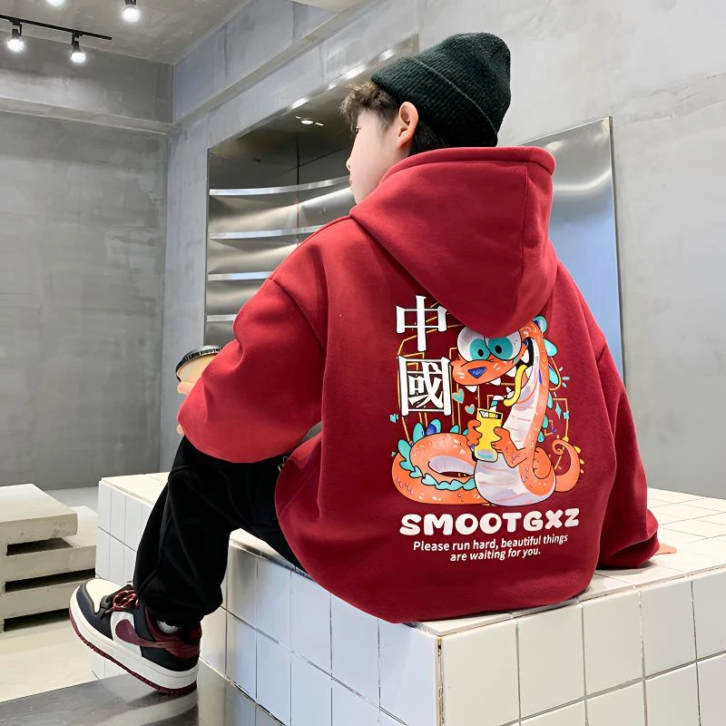 【2024秋冬款上新】男童加绒卫衣中大儿童保暖红色上衣男孩秋冬装潮