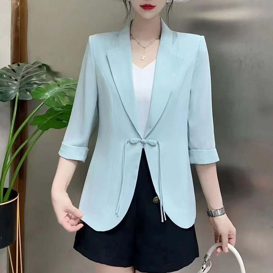 夏装新款雪纺上衣小西装薄款时尚气质新中式盘扣纯色西服外套薄款