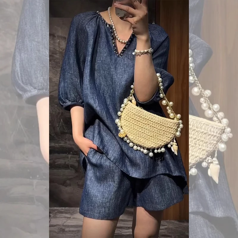 6856法式小众领上衣2025夏季新款宽松蓝色阔腿短裤套装女