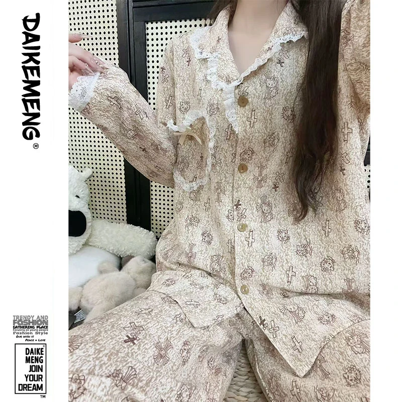花边金kitty少女睡衣春秋新款长袖长裤翻领蕾丝边ins风休闲家居服
