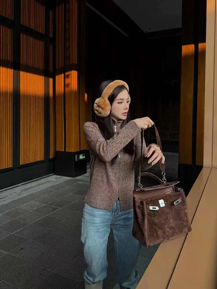 花纱春款双头拉链翻领针织开衫外套9021