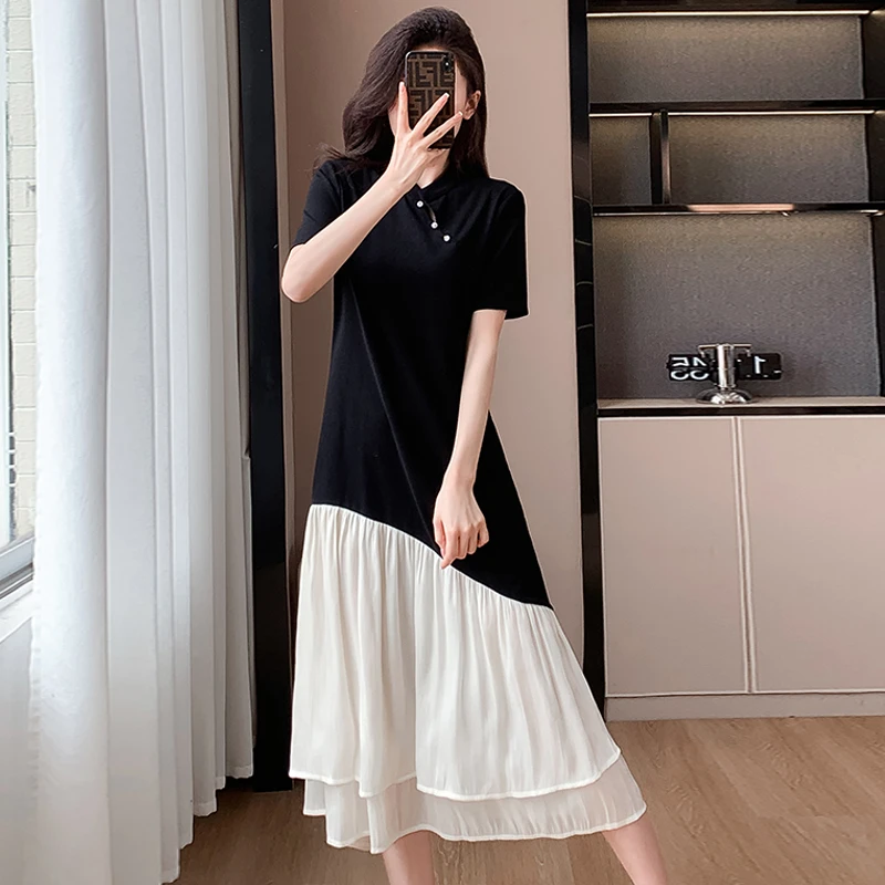 洋气撞色网纱拼接鱼尾裙2025夏季高级感轻复古中式显瘦连衣裙百搭