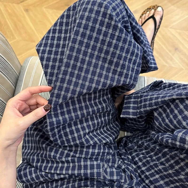 藏青色格子裤女夏季新款高腰垂坠感遛弯裤宽松显瘦直筒休闲阔腿裤