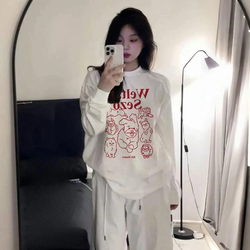 美式复古高街潮牌正肩纯棉长袖T恤女春秋内搭打底衫宽松显瘦上衣