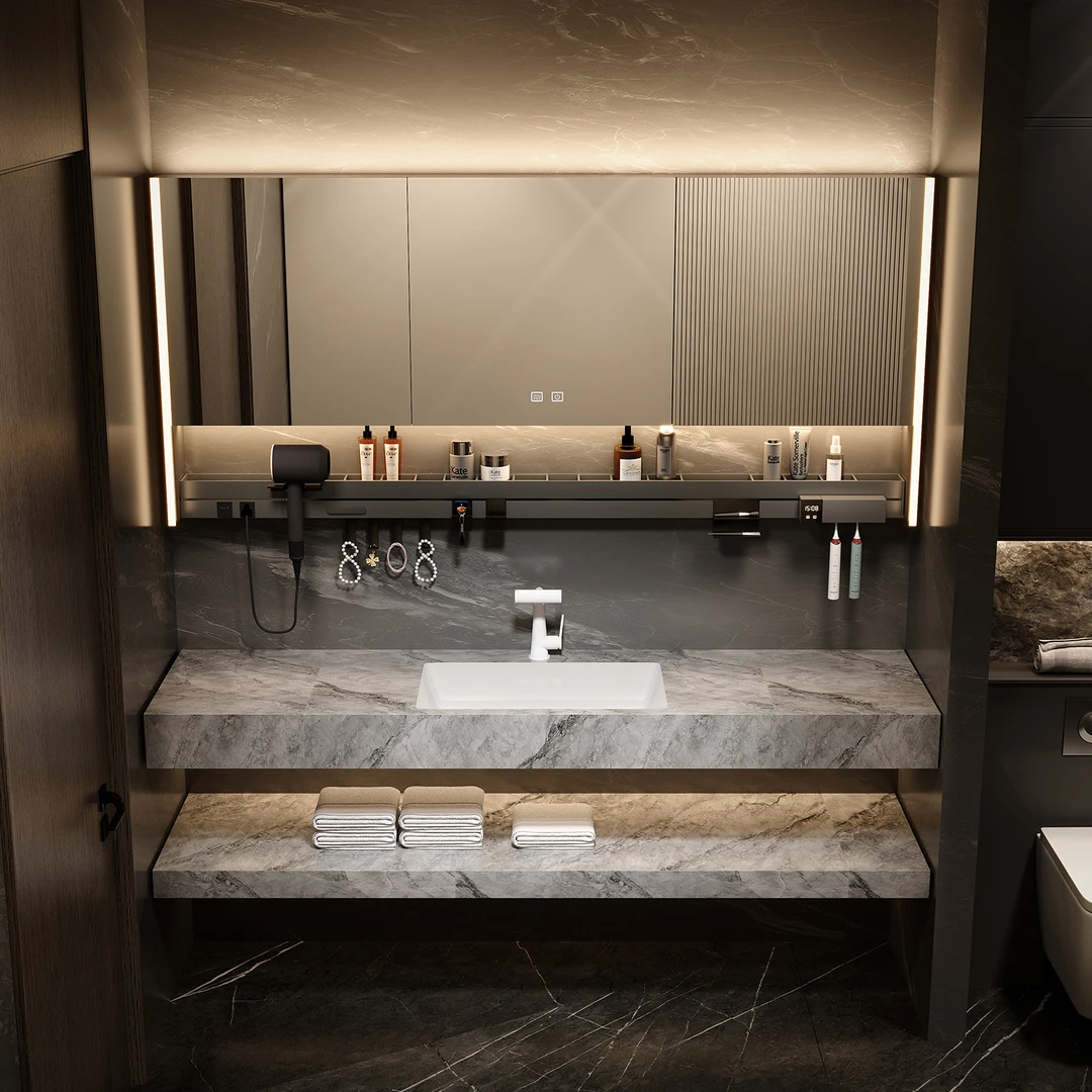 楠家匠2025新款双层岩板陶瓷无缝一体盆浴室柜组合洗漱台洗手盆柜