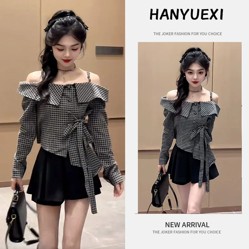 早春时尚一整套女装2025新款韩版绑带一字肩格子衬衫短裙两件套潮
