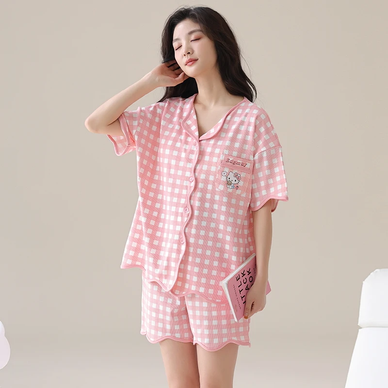5300带胸垫夏季睡衣短袖短裤女冰丝螺纹凉感莫代家居服套装MJL