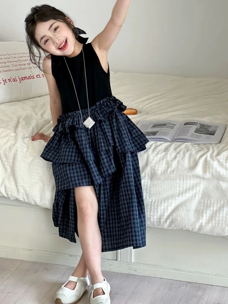 【XB253096】女童公主裙格子休闲风蓬蓬裙连衣裙夏季无袖吊带背心裙