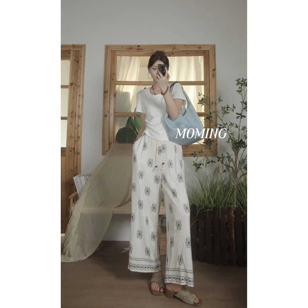 MOMING夏季新品 周日 复古感民族风撞色印花凉凉显瘦抽绳长裤