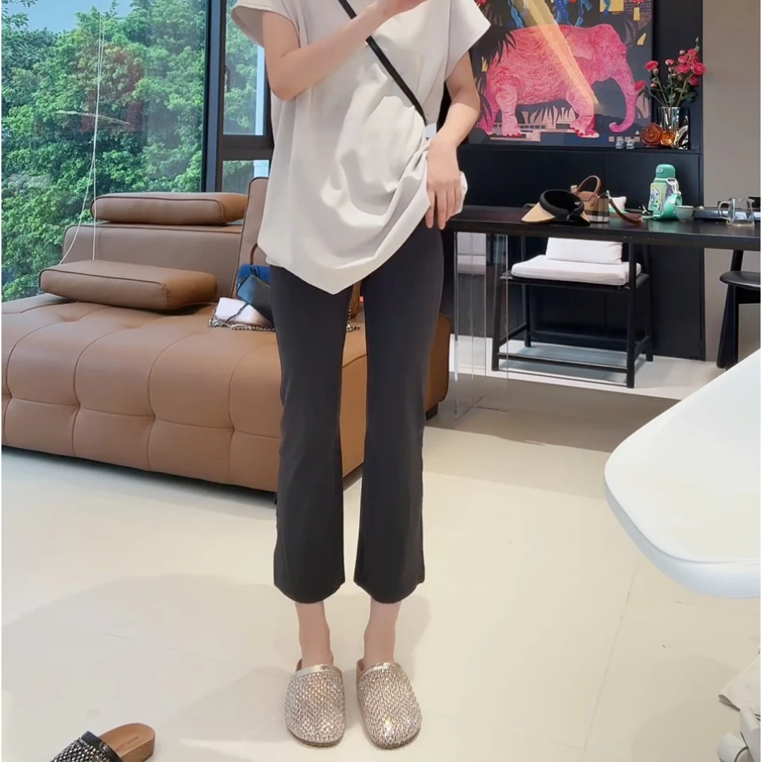 徐靖靖【烟管裤】八分鲨鱼裤女夏季百搭时尚简约微喇直筒裤2506078