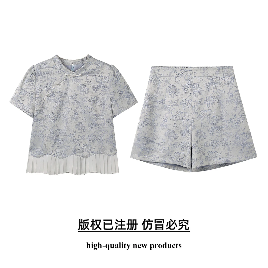 奢姿【蜀锦绣蓝】大码女装显瘦时尚新中式改良百褶上衣短裤绣花套装
