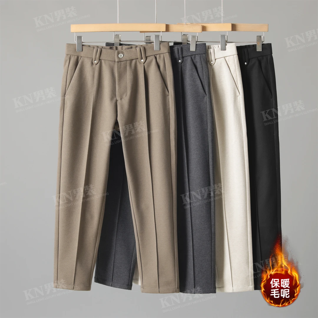 冬季重磅铆钉裤中线设计加厚保暖毛呢裤男士时尚百搭休闲直筒长裤