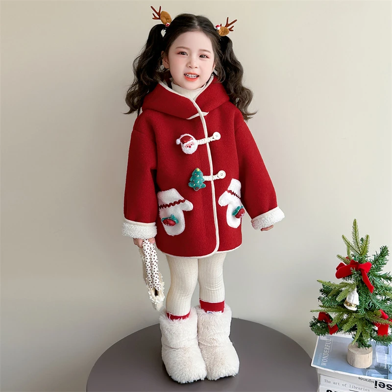 女童加绒外套秋冬季加厚儿童圣诞衣服女宝宝冬超好看连帽红色大衣
