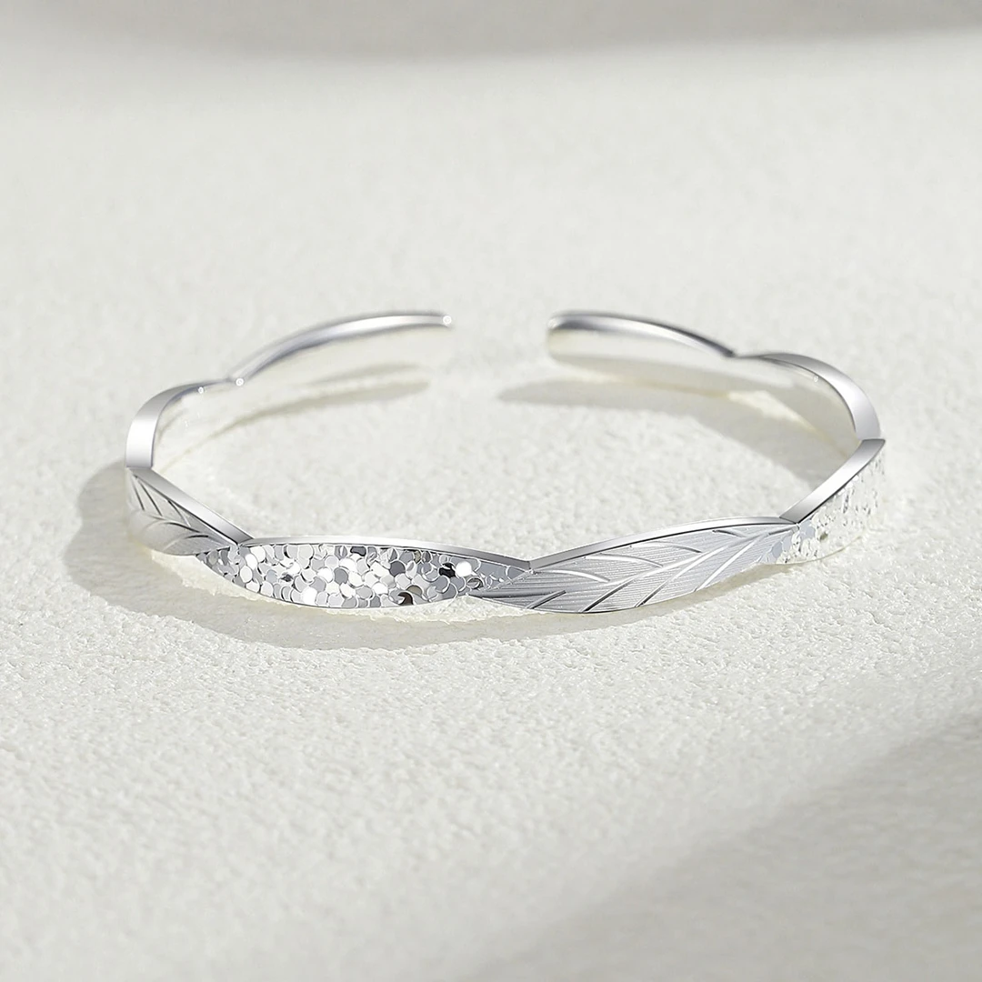 足银手镯 足银9999树叶碎冰冰开口手镯女纯银手环送女友闺蜜礼物