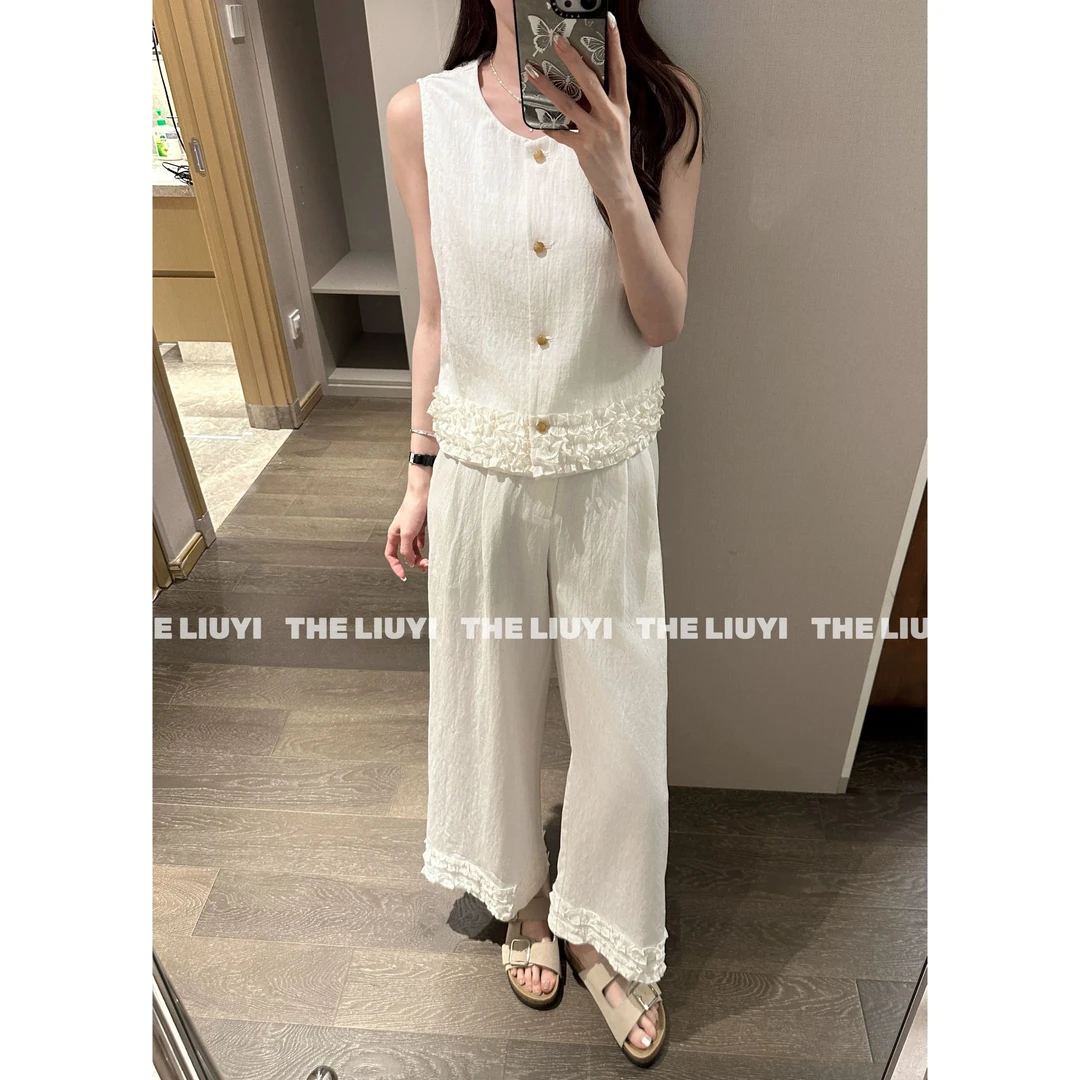 【LIUYI】云上花田~天丝麻无袖背心上衣花边直筒裤两件套56205
