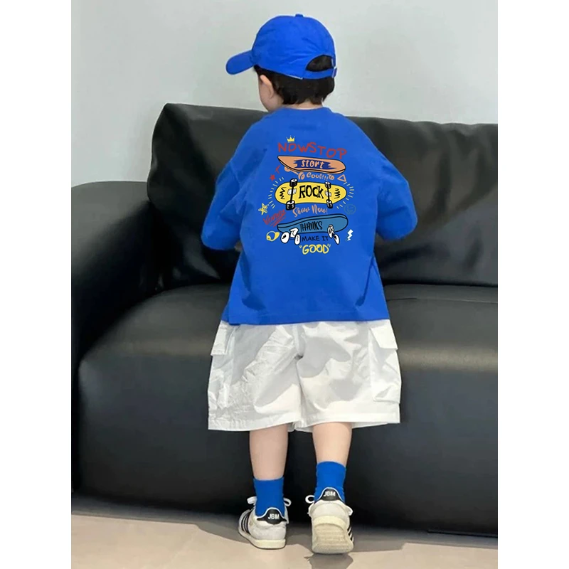 100%纯棉A类圆领夏季短袖男凉感棉休闲T恤中大童欧若动感风男童