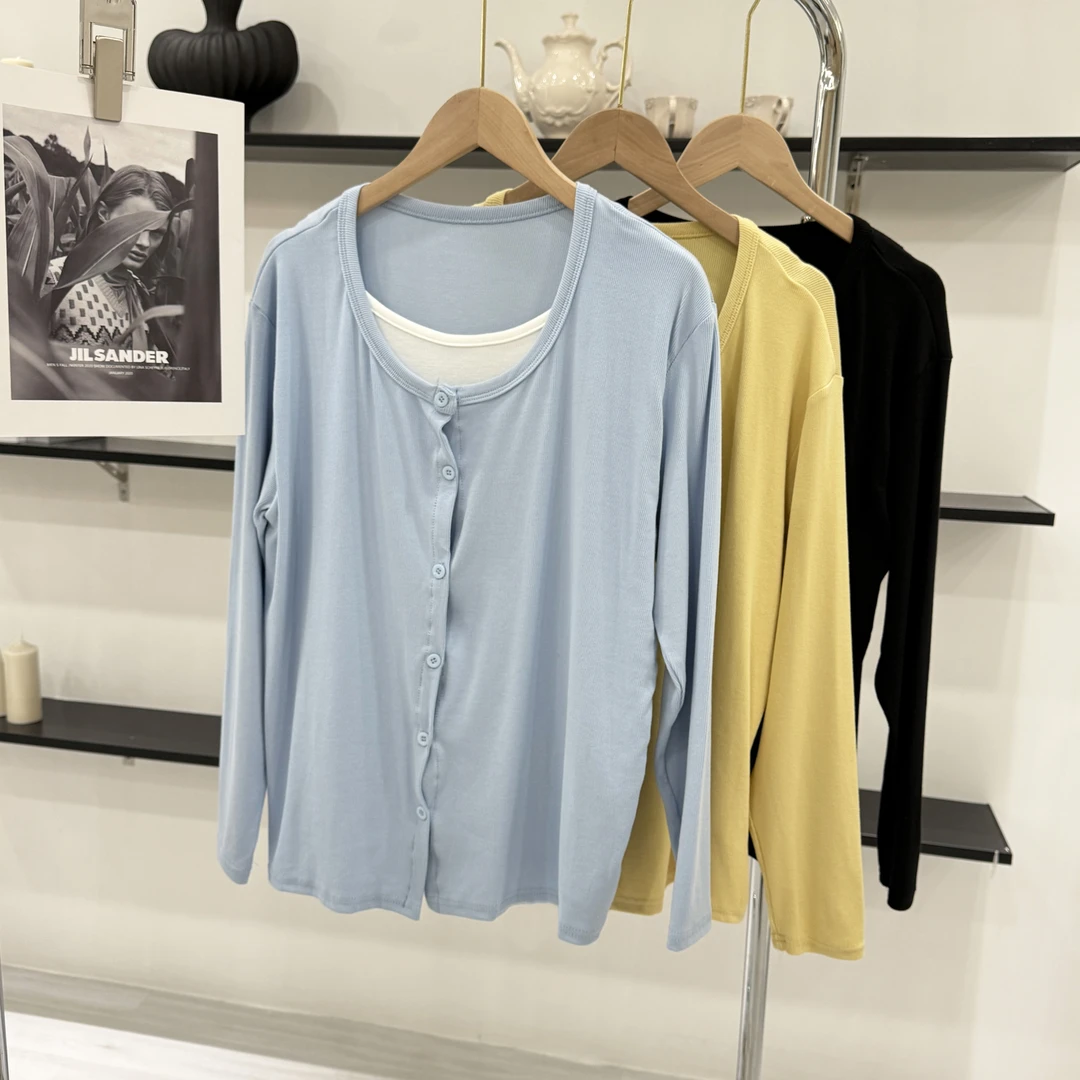 芊芊大码春秋新款设计感纽扣假两件开衫显瘦针织短款上衣【3593】