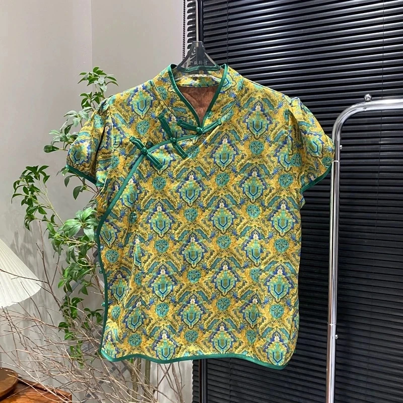 短袖上衣薄款彩绘气质碎花常规款网红立领夏款----1693