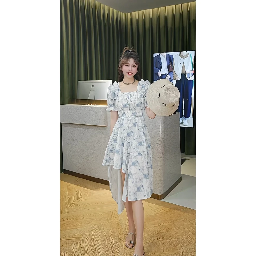 【玉兰初雪】法式木耳边不规则下摆碎花夏季收腰显瘦洋气连衣裙