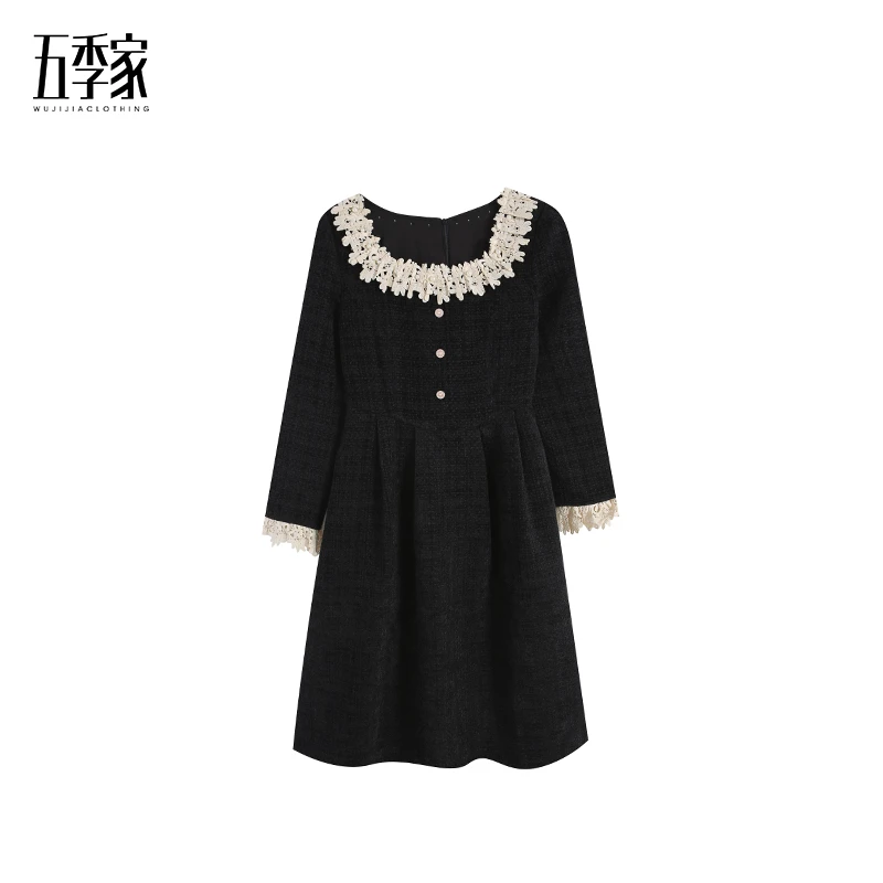 【五季家】秋冬法式名媛气质高级感加厚收腰黑色连衣裙ZL114701