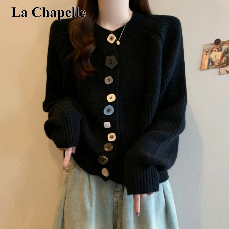拉夏贝尔法式大码女装胖mm针织开衫秋季新款设计感百搭毛衣外套潮