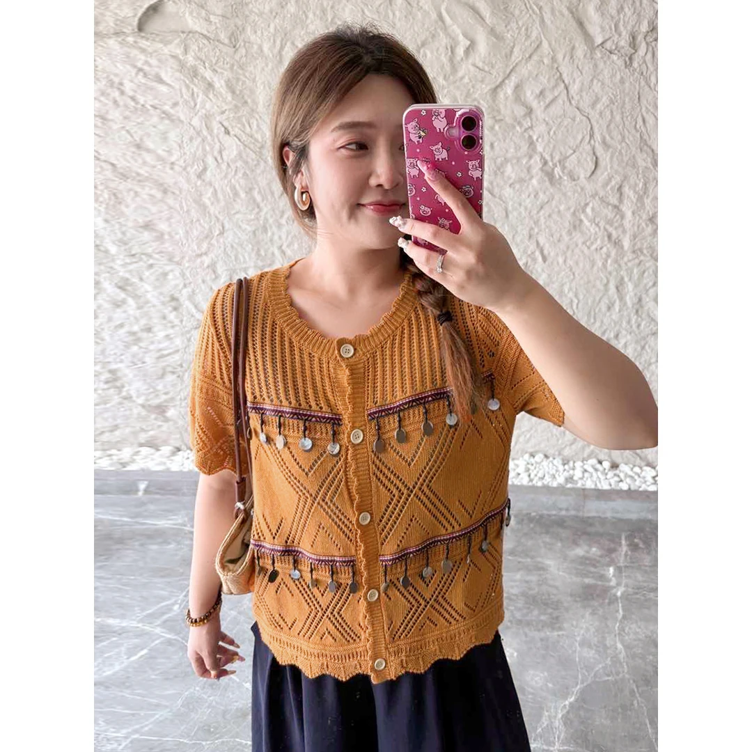 【贝壳流苏显瘦上衣】MsShe大码女装2025波西米亚针织衫C2504039