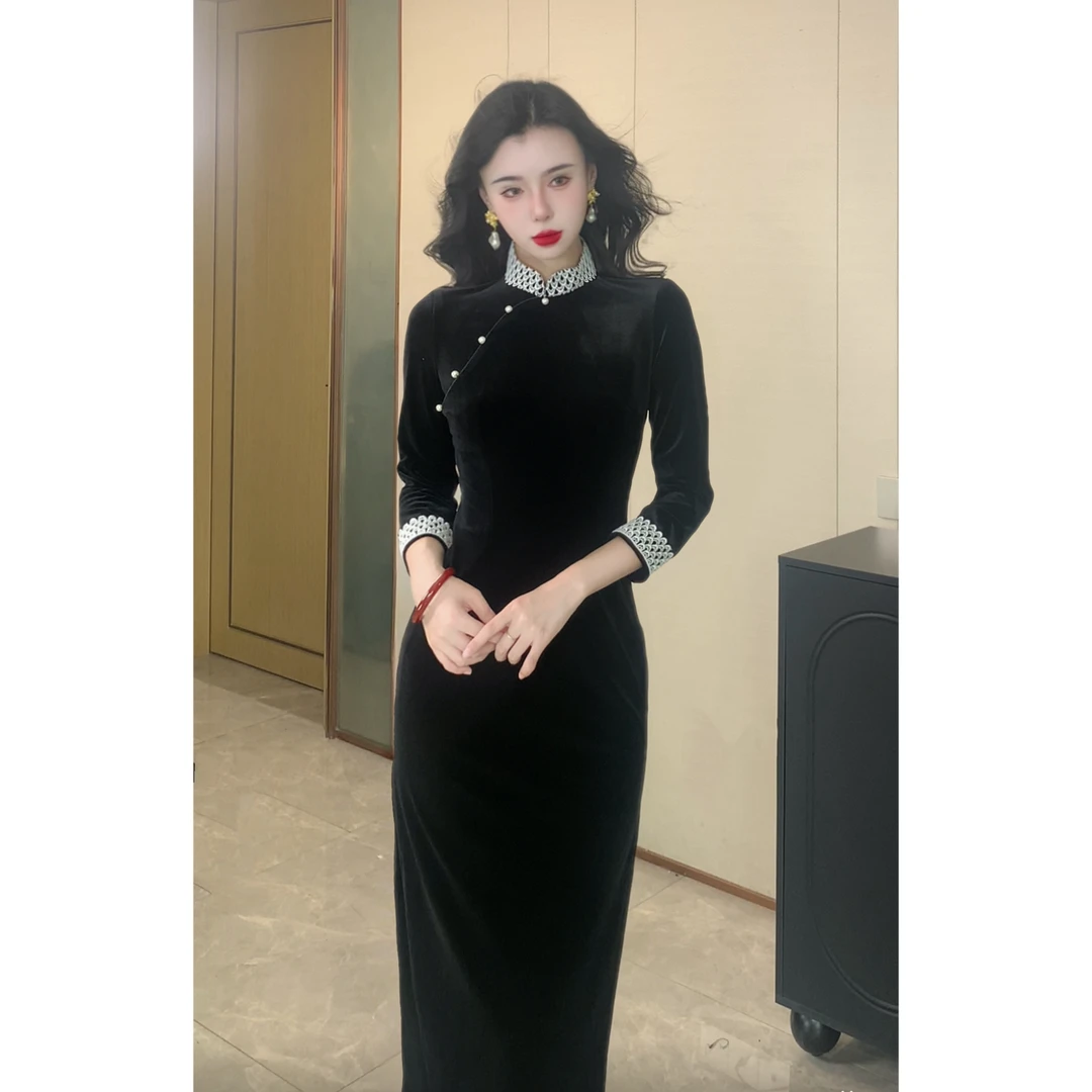 【晚乔】玉簪记秋冬新款旗袍丝绒蕾丝国风少女日常气质旗袍连衣裙