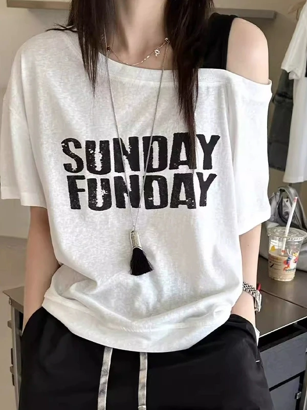 【运补6-8米】2025夏季斜肩吊带撞色字母休闲印花短袖T恤+白色圆领