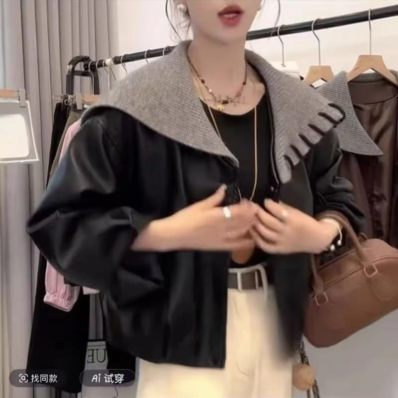 早秋新款设计感海军领pu皮衣夹克女休闲显瘦短款外套