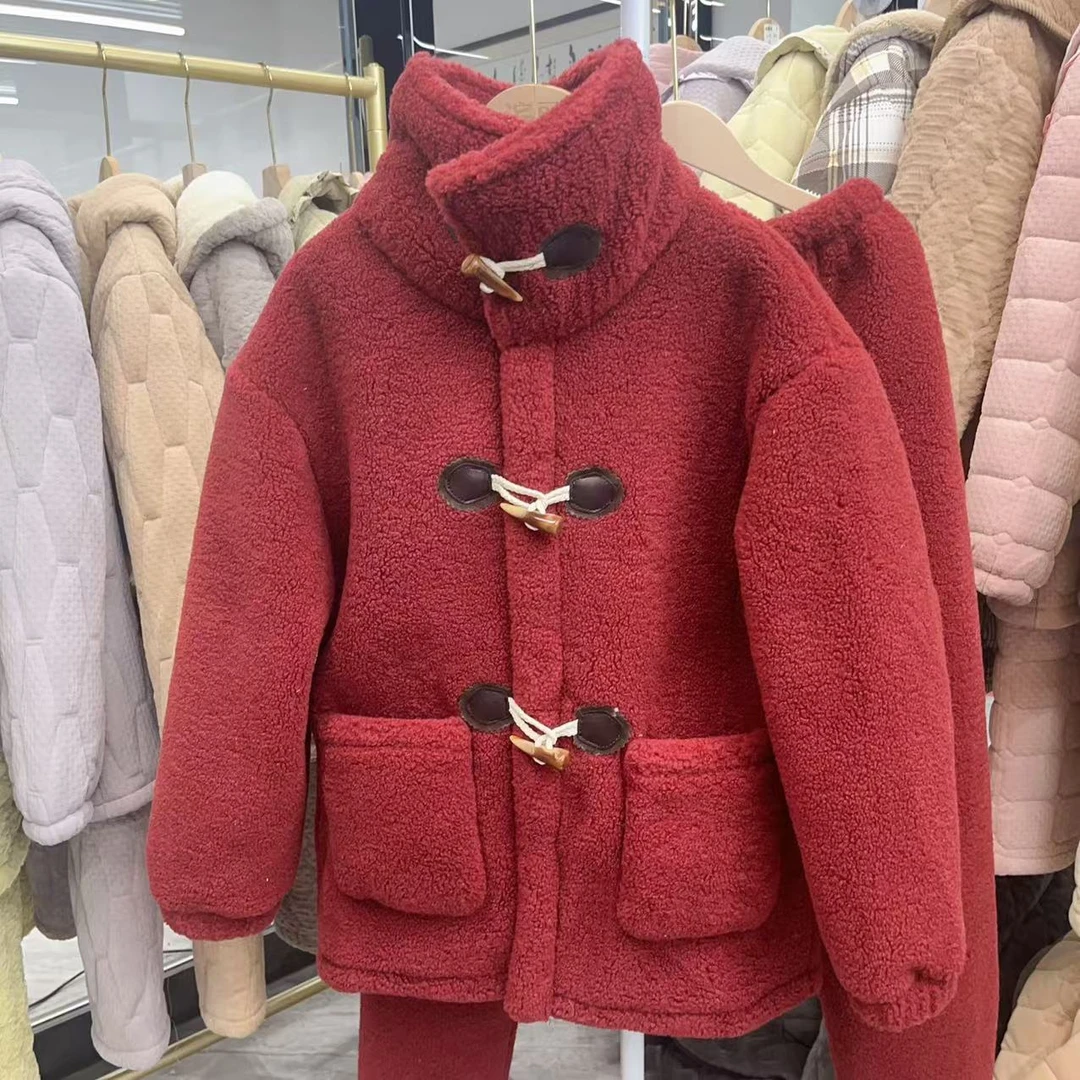 【K089】安哥拉红女士精品牛角扣拉链复合三层夹棉秋冬加厚长袖长裤