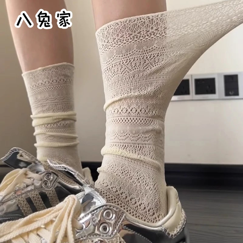 八兔家 白色镂空网眼透气夏季薄款中筒袜女miu系少女jk堆堆小腿袜