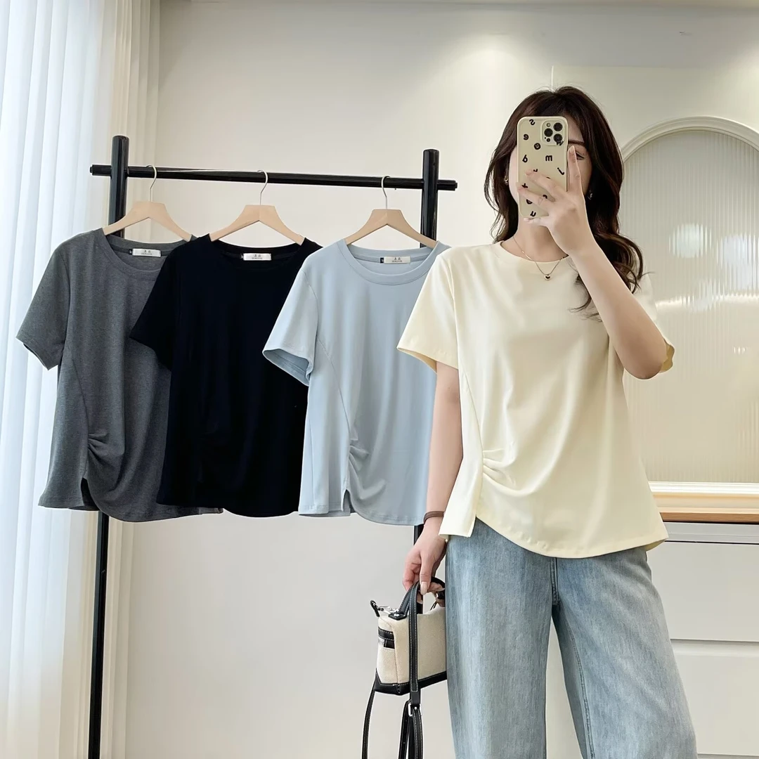 梦冬佳--110-190斤大码女装设计感褶皱纯色时尚简约显瘦短袖T恤女